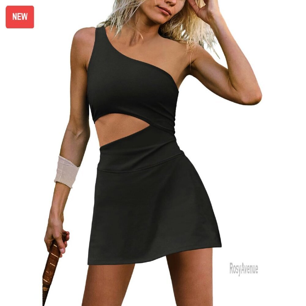 One Shoulder Tennis Dress with Built-In Bra and Shorts, Athletic Mini